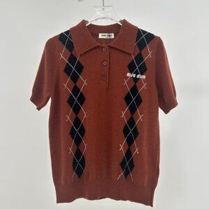 Miumiu Brown Diamond Pattern Knit Polo Shirt, Retro Short-Sleeve Top, Size M